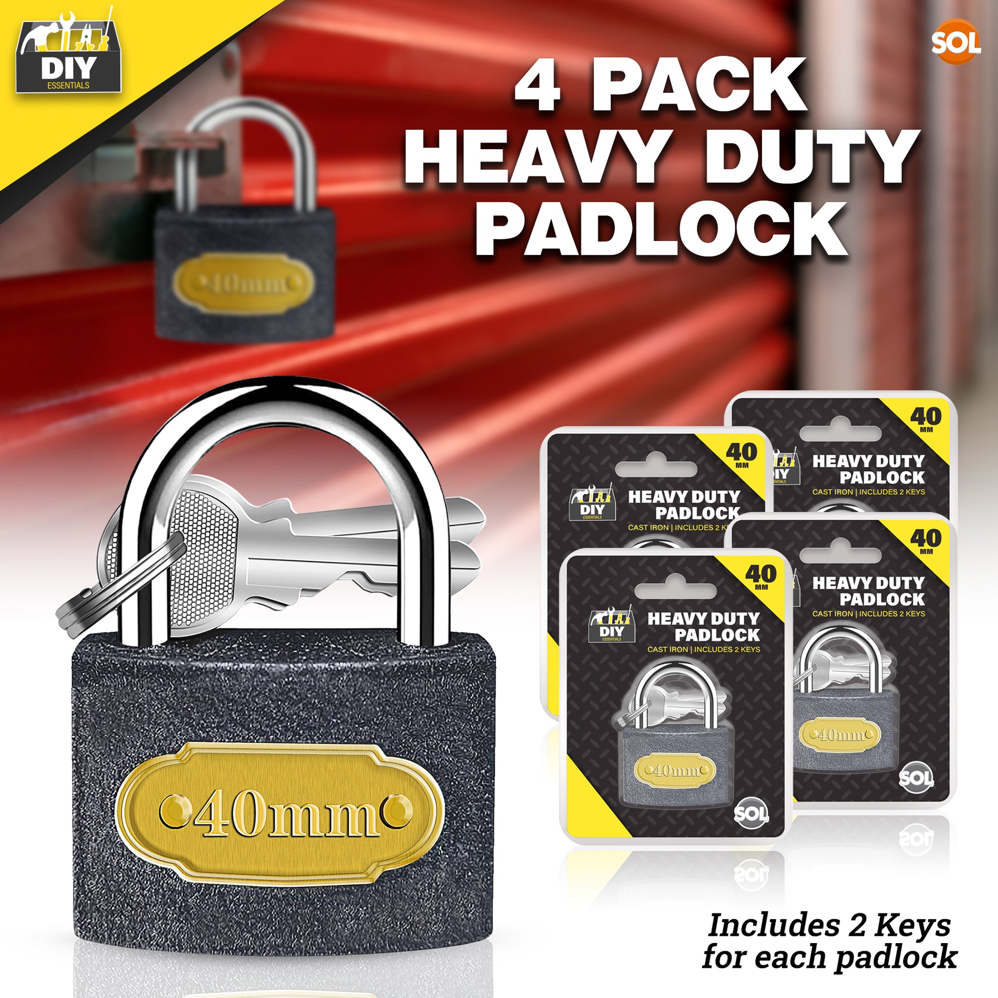 4/6pk Padlock 40mm Heavy Duty Iron Outdoor Shed Safety Security Shackle Lock 4 Key