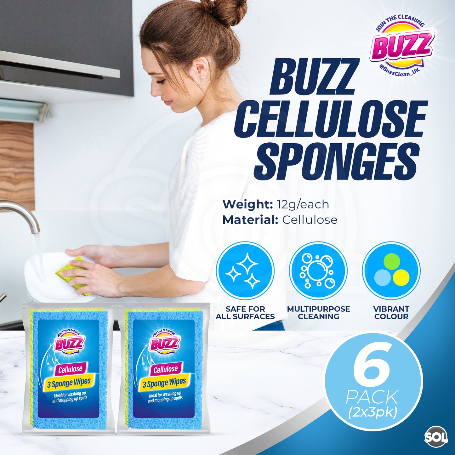Cellulose Kitchen Sponges | Absorbent Cleaning Pads | 6 Pack