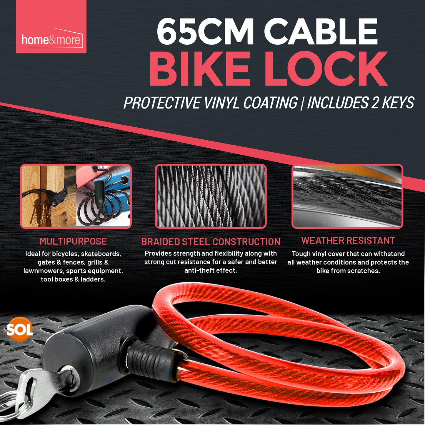 Bike Lock Cable with Keys 650mm | Steel Bicycle Security | 2 Pack