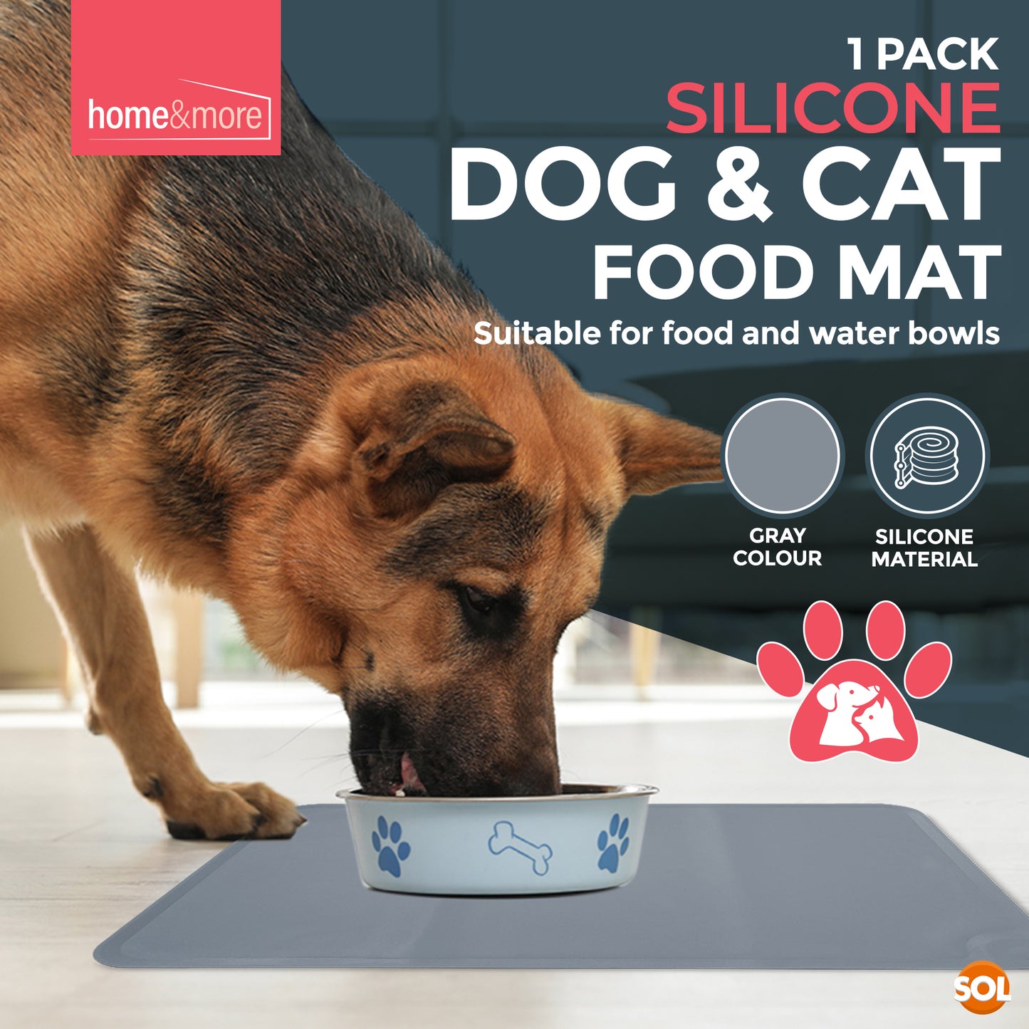 Silicone Dog & Cat Food Mat – 48x30cm | Waterproof, Non-Slip Pet Feeding Mat | Easy Clean Pet Bowl Placemat for Dogs & Cats | Grey | 1 Pack