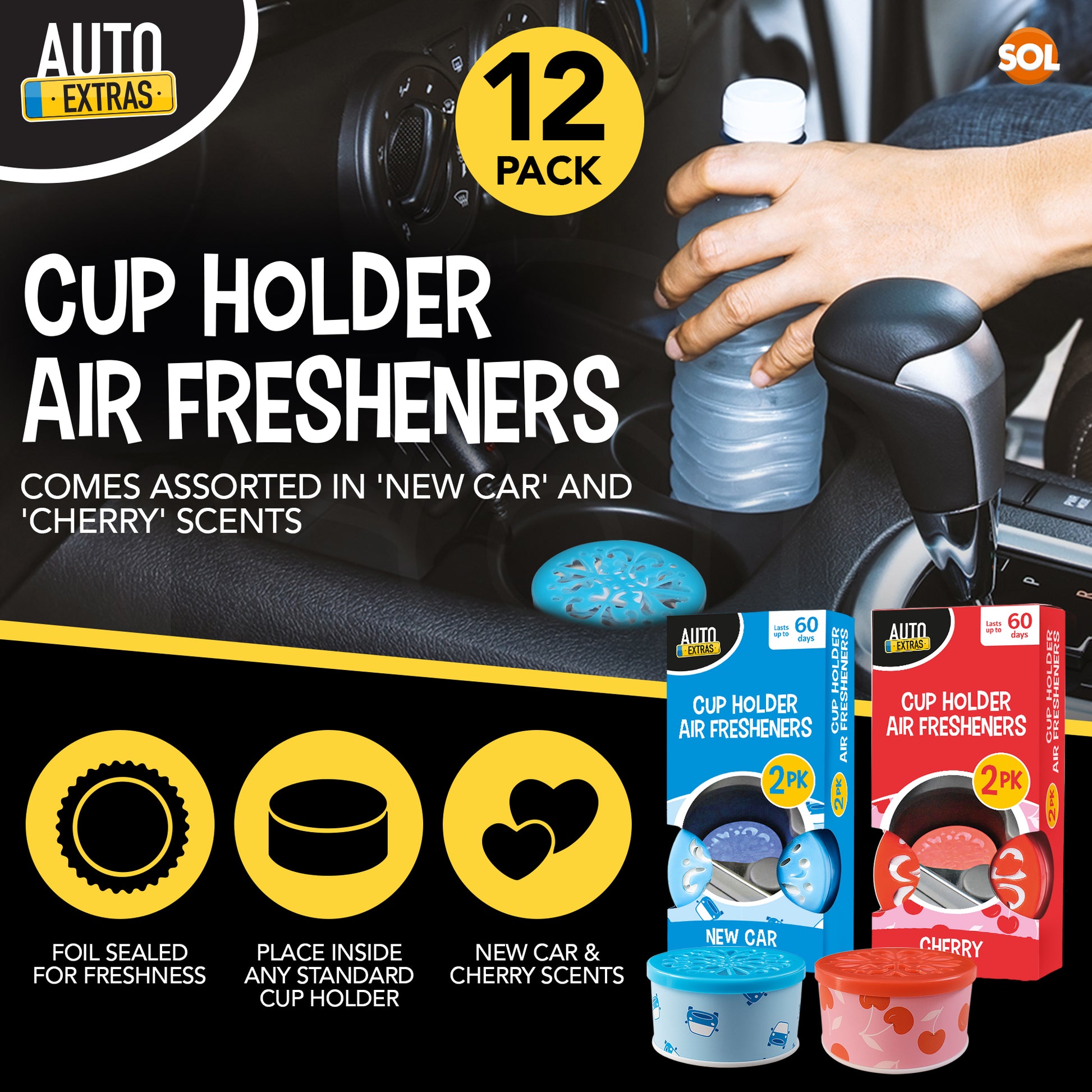 12pk Cup Holder Car Air Freshener in New Car Scent and Cherry Scent Assorted