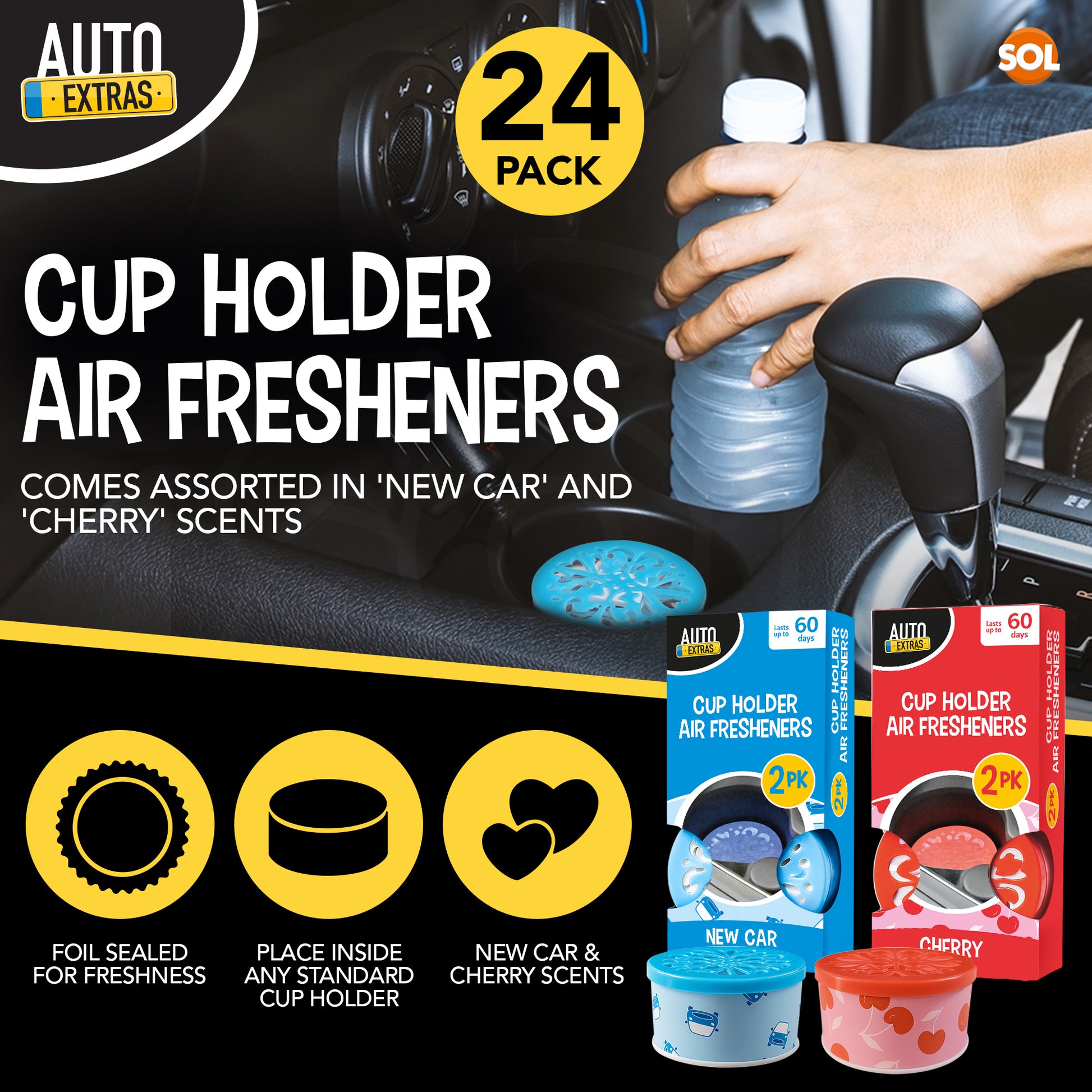 24pk Cup Holder Car Air Freshener in New Car Scent and Cherry Scent Assorted