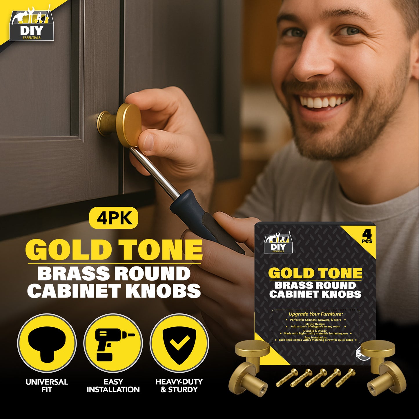 Gold Round Cabinet Knobs | Elegant Brass Drawer Pulls | 4 Pack