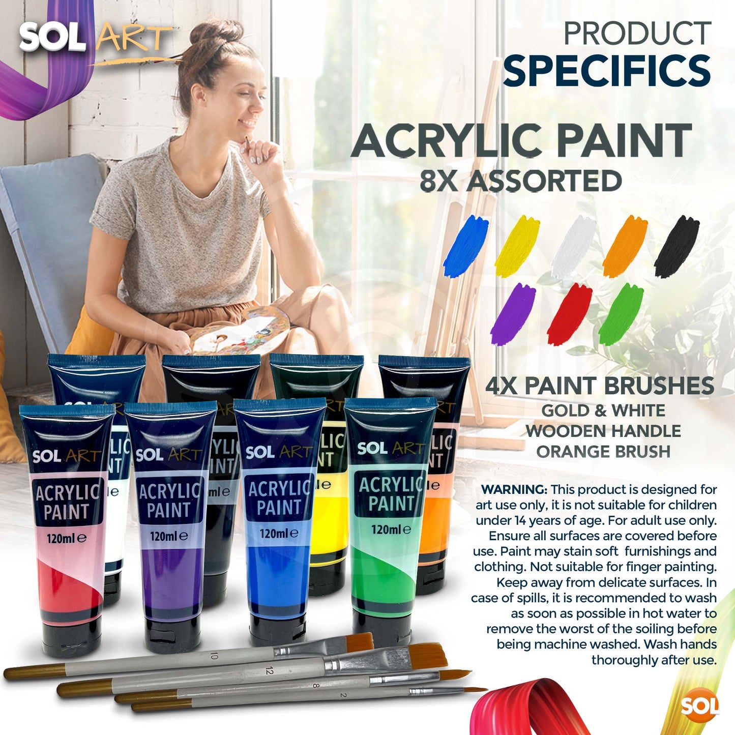 Acrylic Paint 120ml + Artists Brushes | Assorted Colours | 8 Pack
