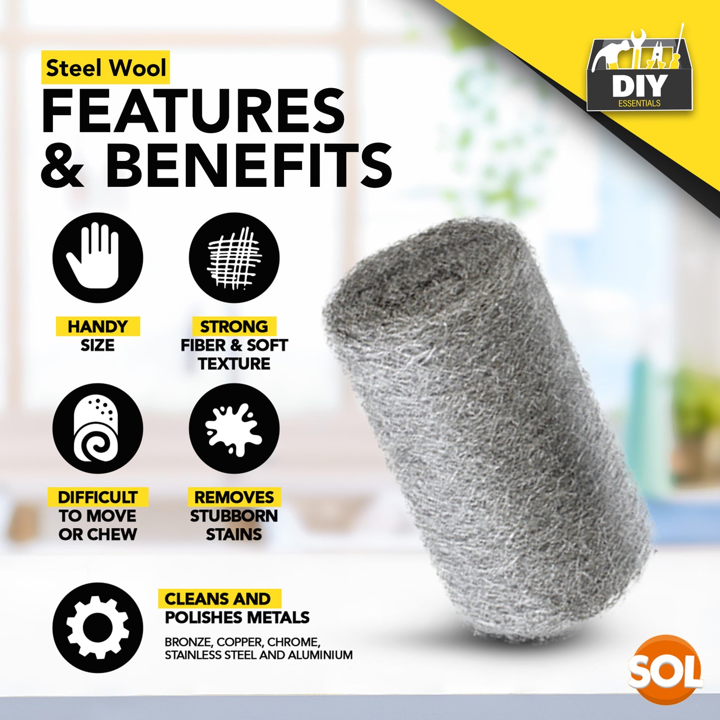 SOL 48pk Steel Wool Pads – Fine Grade 0 Metal Scourers for Polishing, Buffing, Rust Removal, Paint Prep – Multipurpose Scourers for Cleaning Wood, Furniture, Surfaces & DIY Tasks