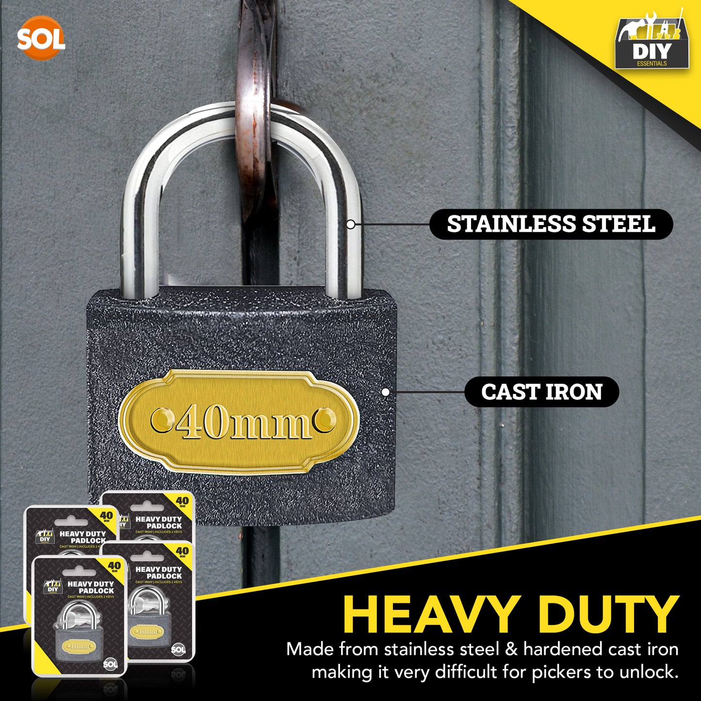 4/6pk Padlock 40mm Heavy Duty Iron Outdoor Shed Safety Security Shackle Lock 4 Key