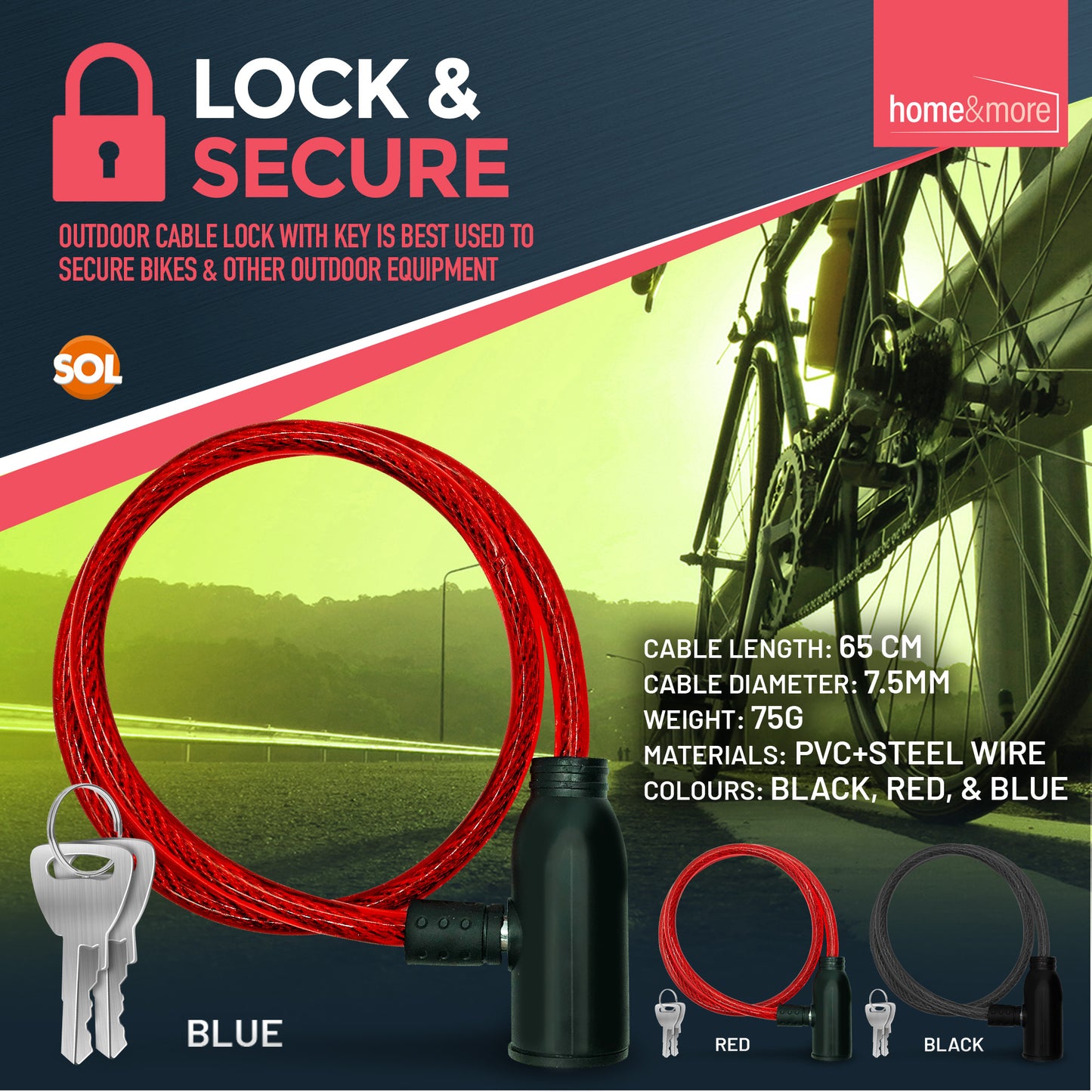 Bike Lock Cable with Keys 650mm | Steel Bicycle Security | 2 Pack