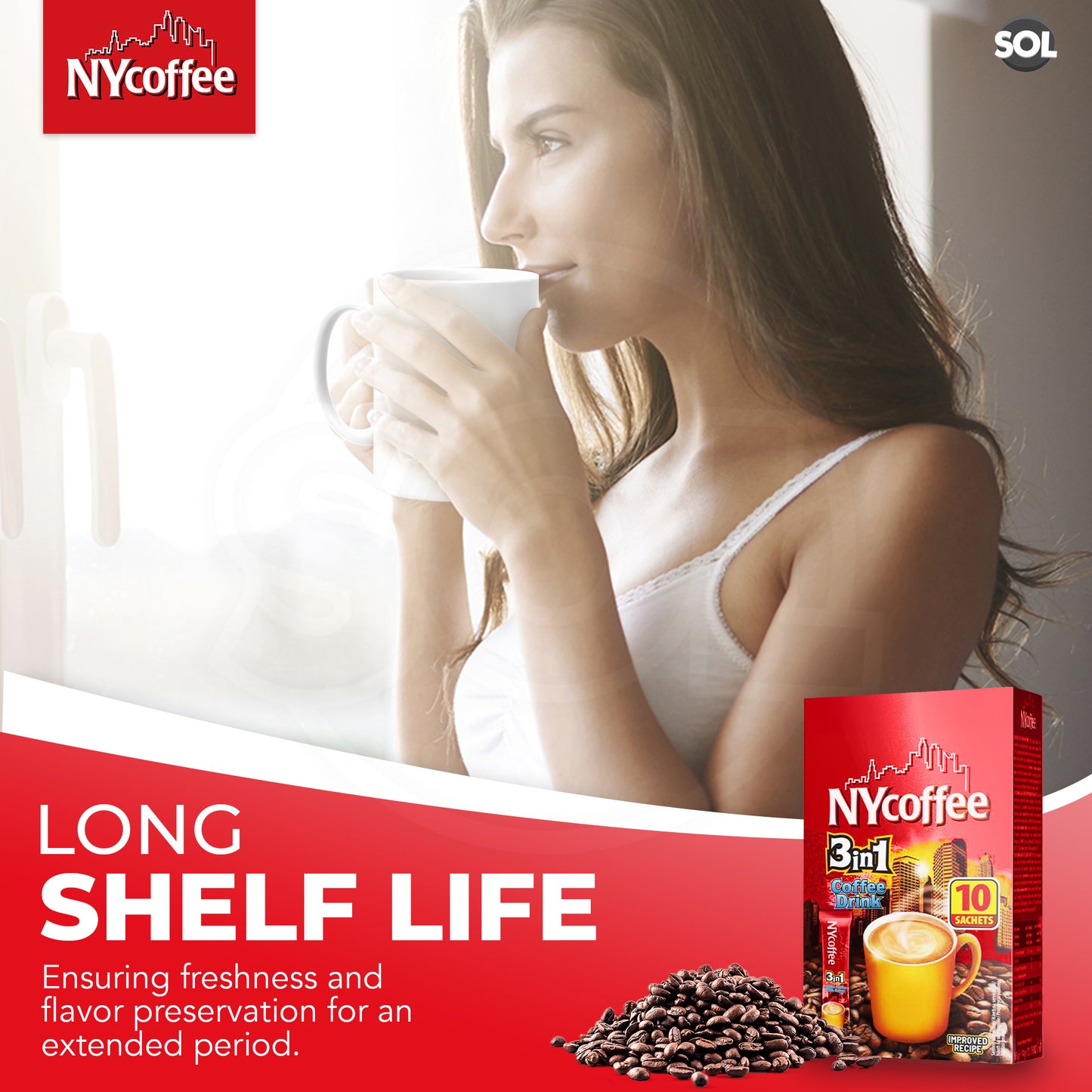 NY Coffee 3 in 1 Instant White with Sugar 100 Sachets Sticks (10x10pk)
