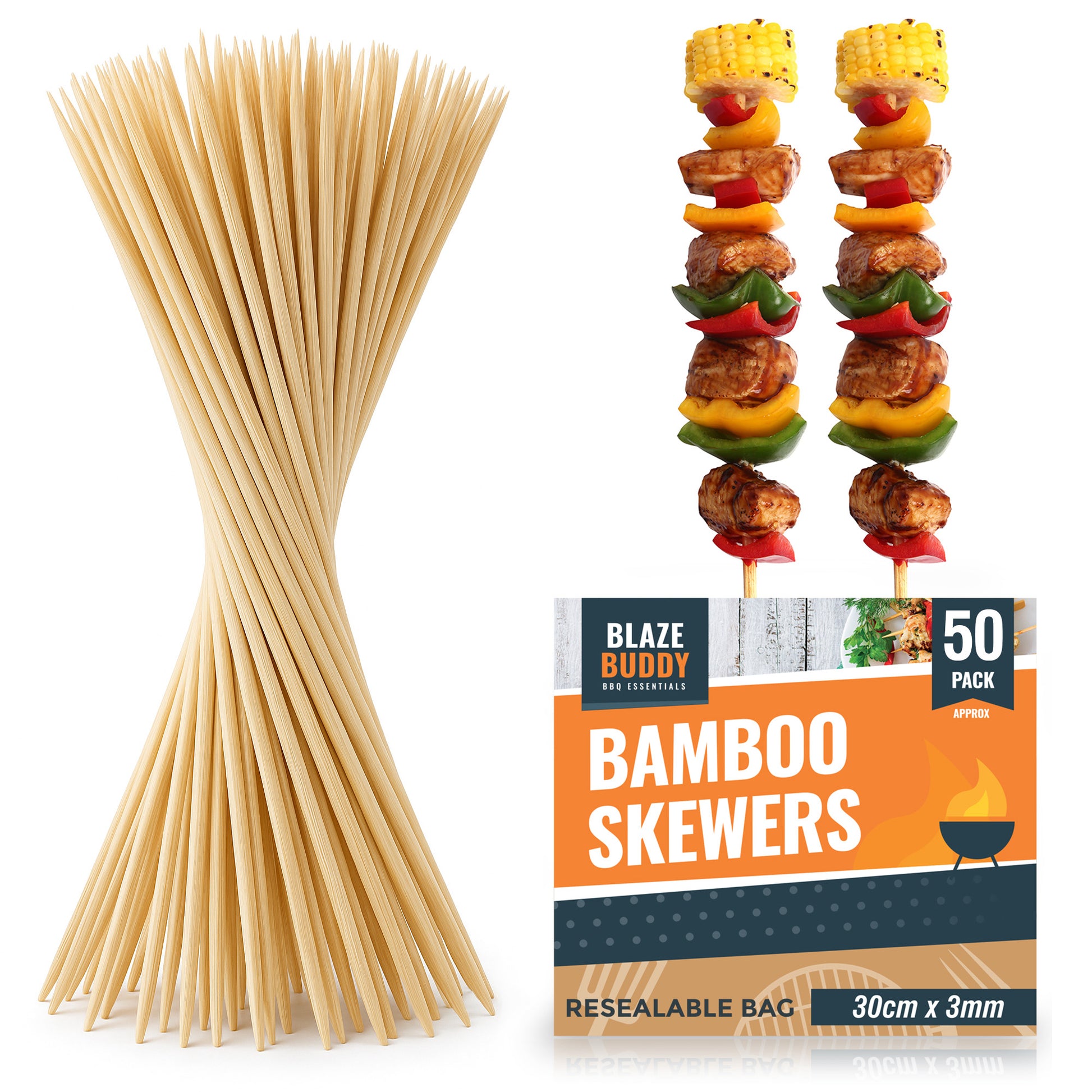A pack of 100 bamboo skewers displayed alongside a package showing the skewers in use with food items such as meat and vegetables threaded on them.