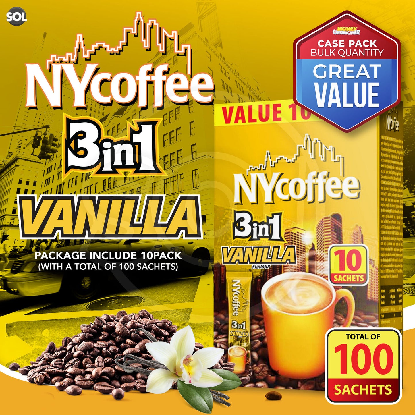 NY Coffee Instant Coffee Sachets 3 in 1 Vanilla | Bulk Pack 100