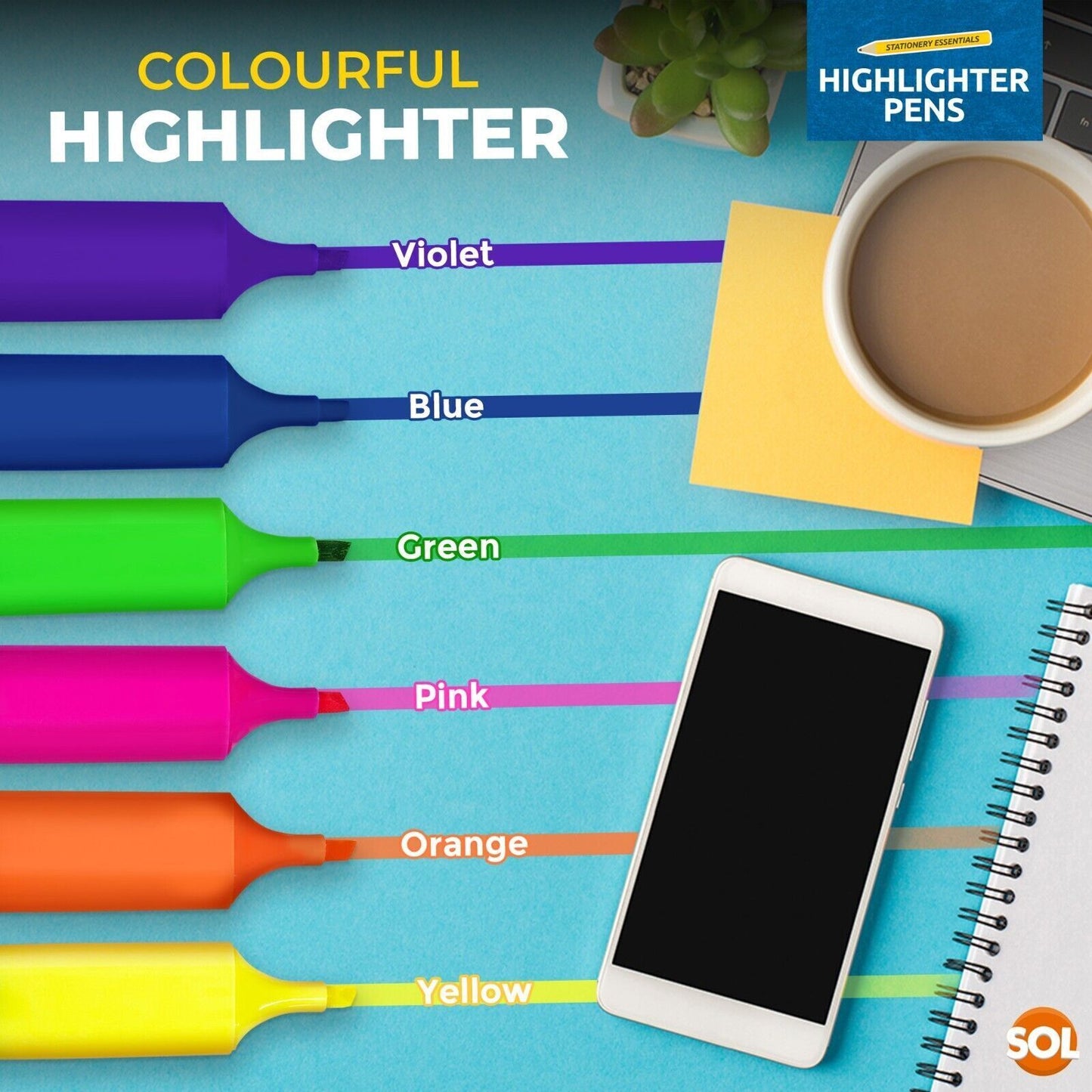 Highlighter Pens Fluorescent Colour Marker School Set | 6 Pack