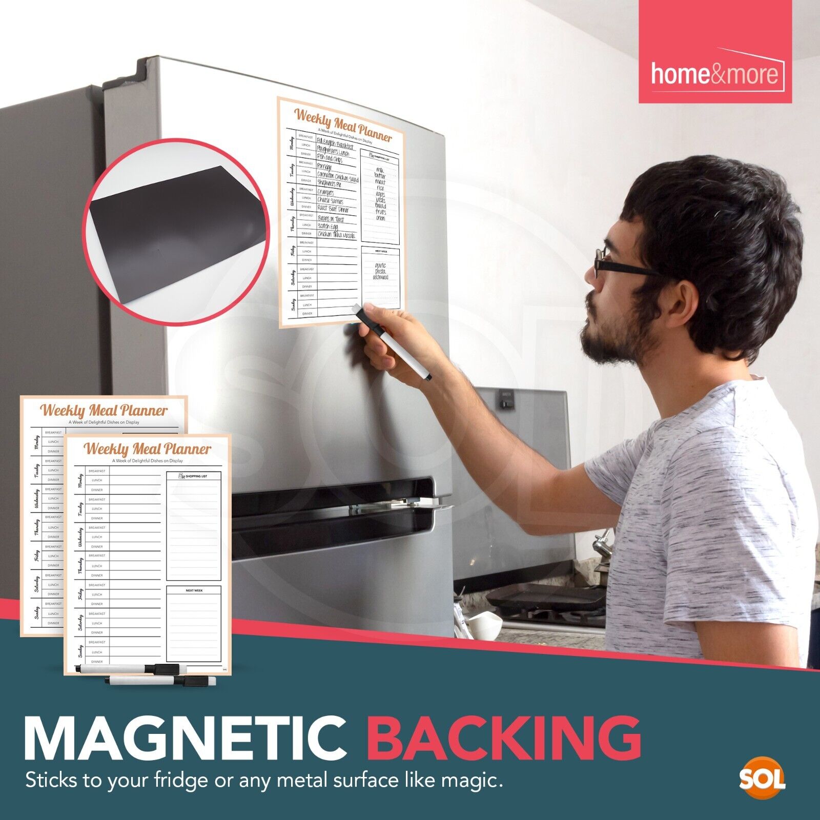 2X Magnetic Weekly Meal Planner and Fridge Food Shopping List With Dry Wipe Pens