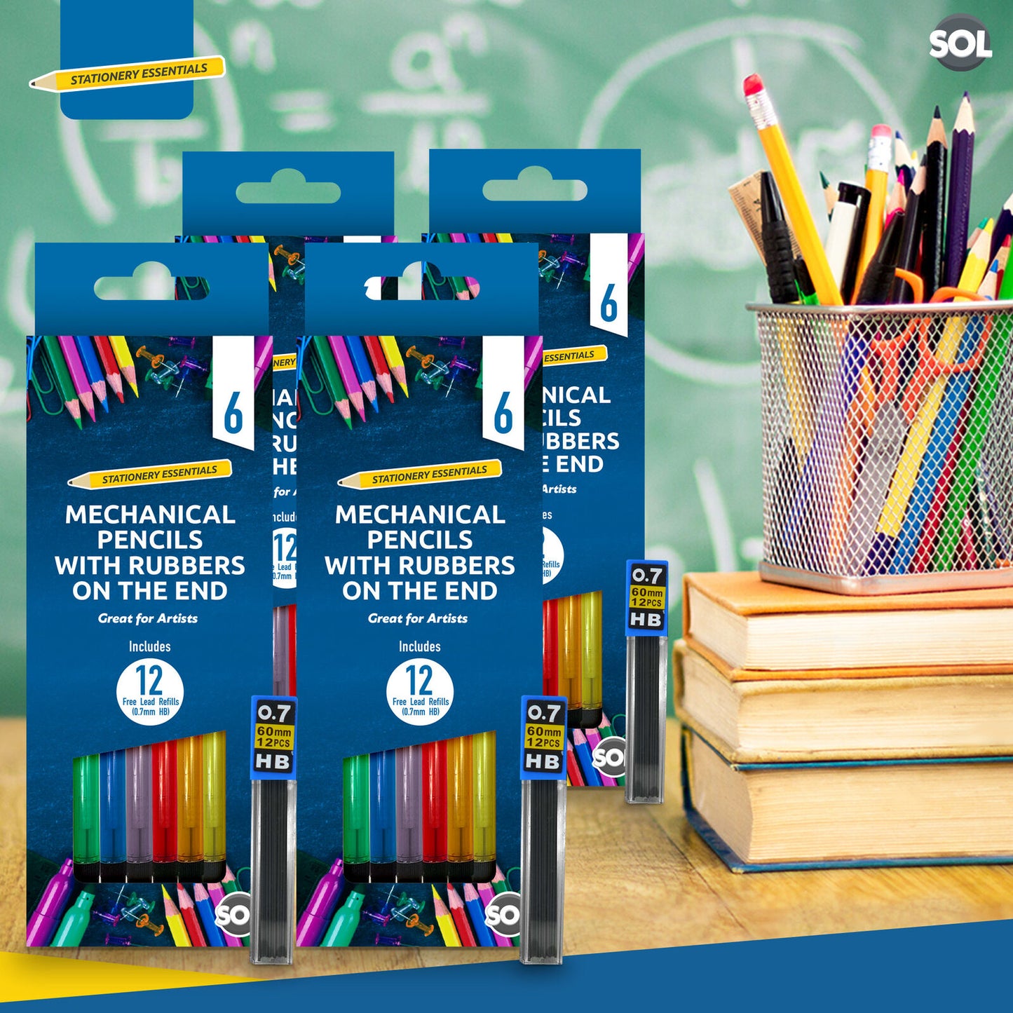 Mechanical Pencils Set 0.7mm with HB Lead Refills and Erasers | 6 Pack