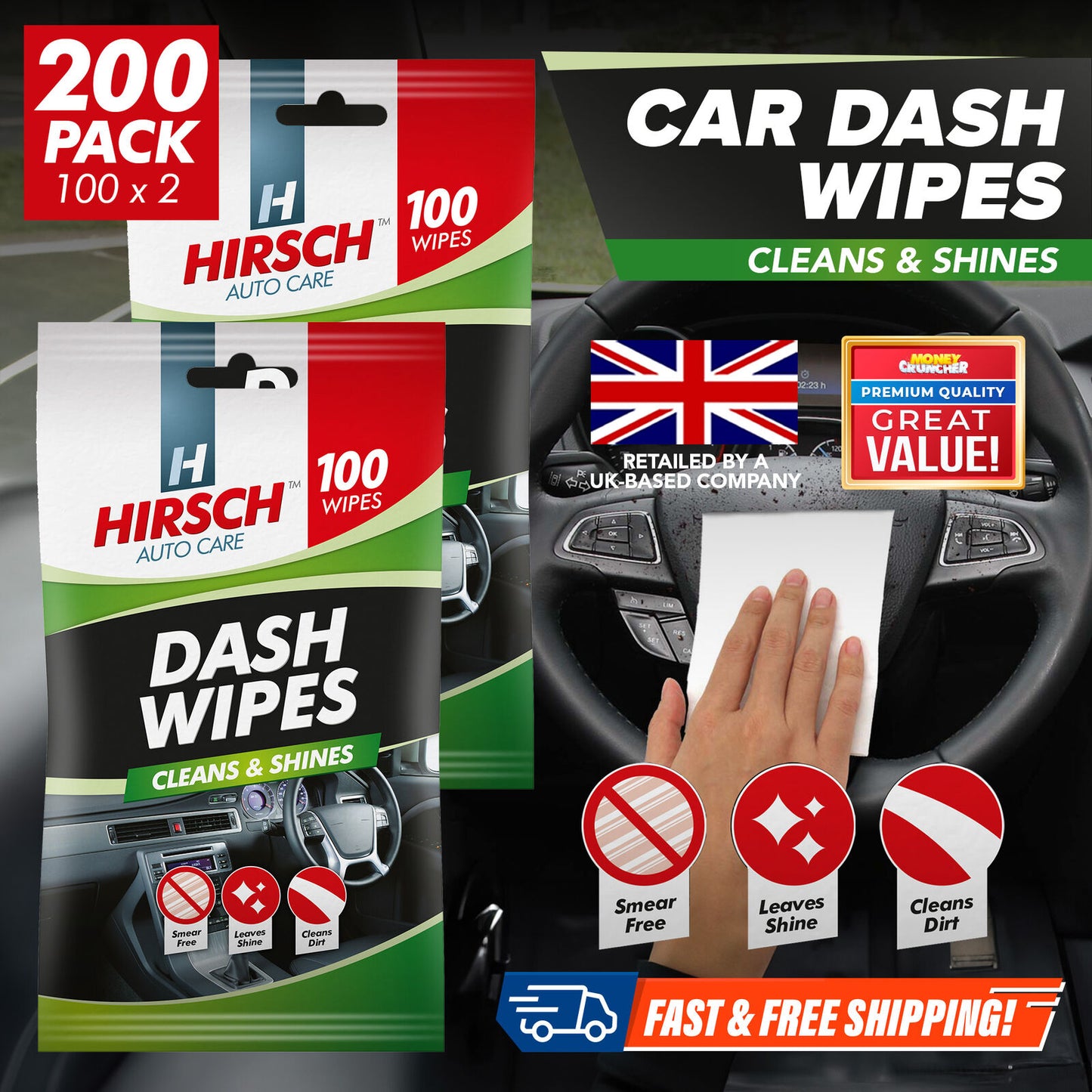 Car Dash Wipes | Gloss Interior Dashboard Cleaner | 200 Pack