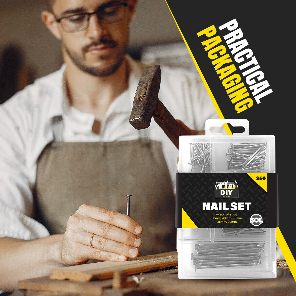 Flat Head Nails Assorted Carpentry Metal Pins | 250 Pack