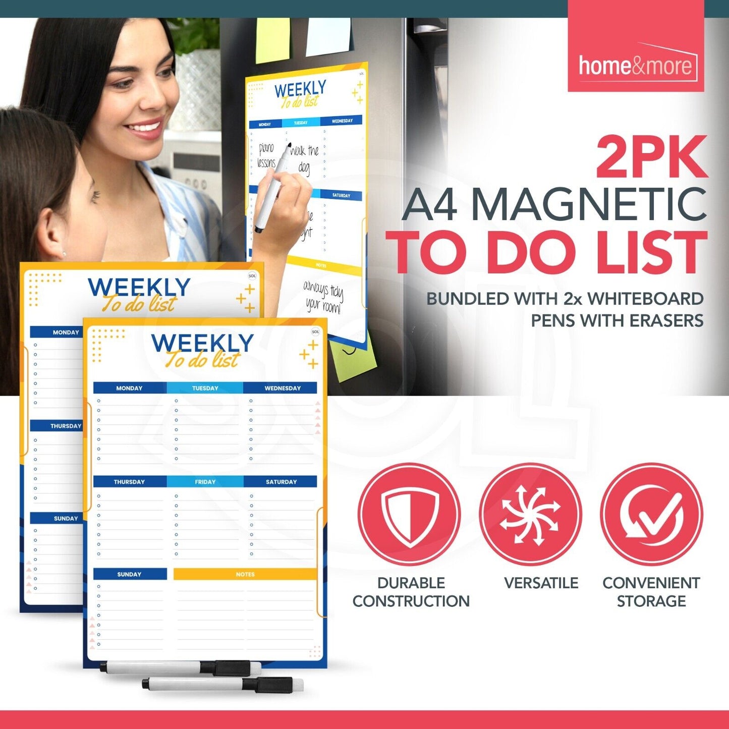 2pk Magnetic Weekly Planner To Do List Whiteboard Fridge A4 Pad + Dry Wipe Pens