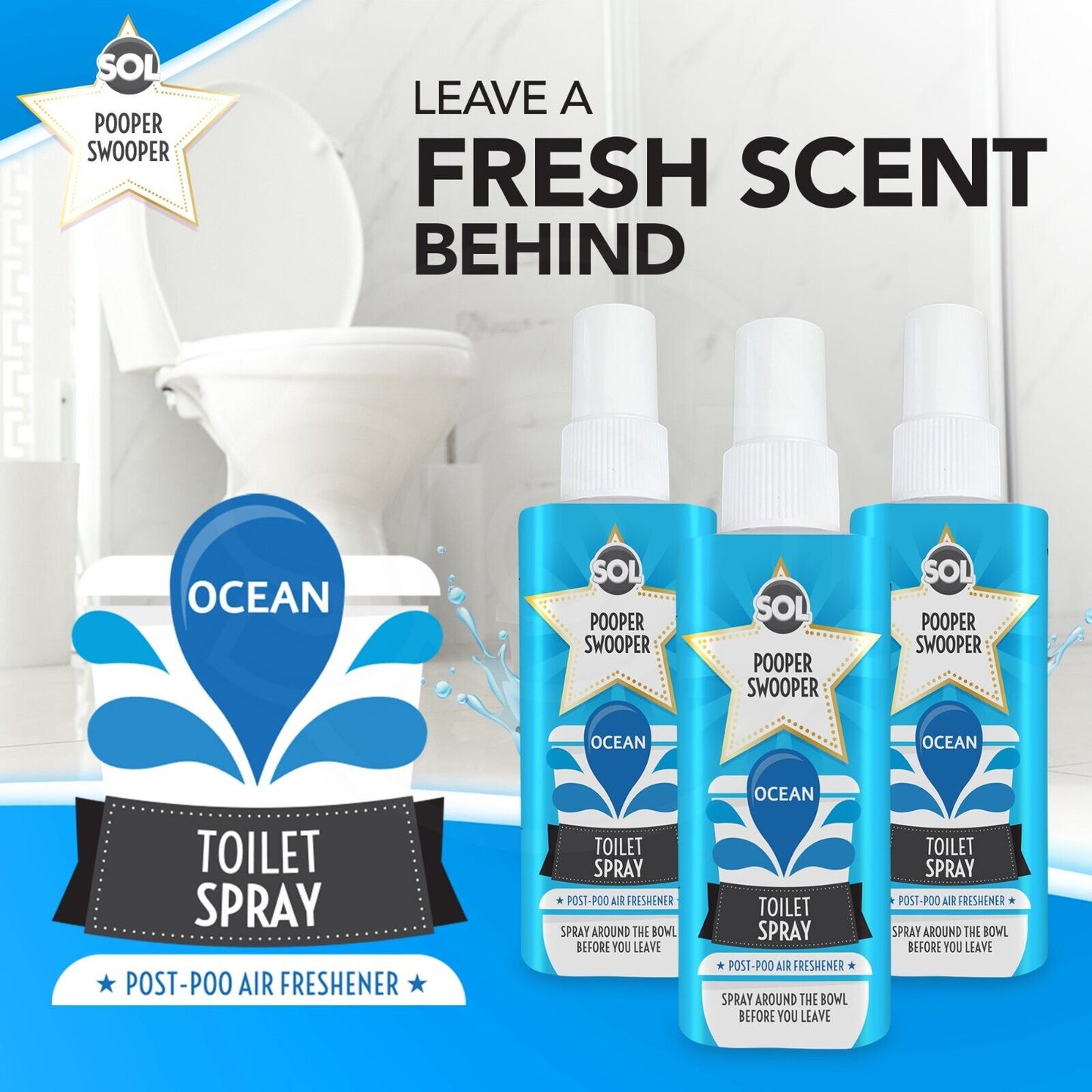 3pk x 60ml Pooper Star Toilet Spray Air Freshener Bowl | Ocean Fragrance Perfume