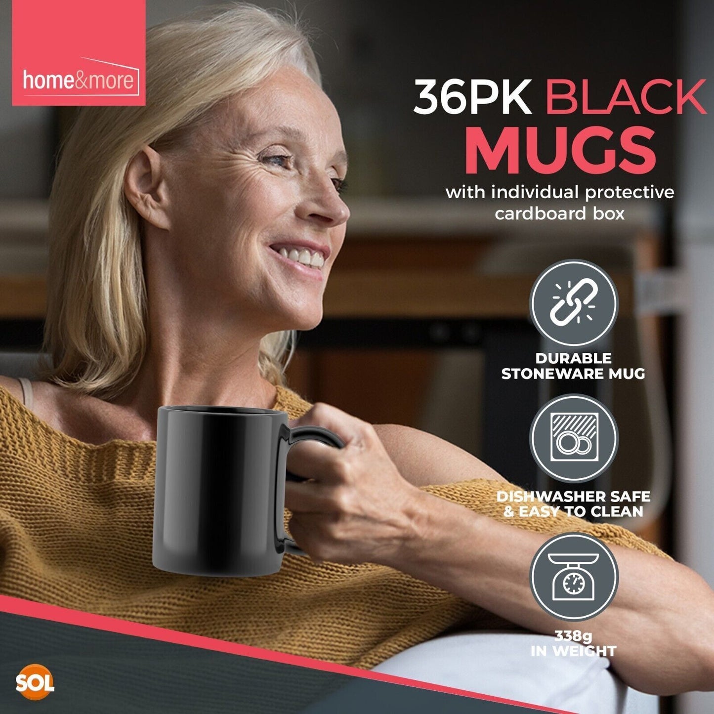Plain Black Mugs 330ml | Large Coffee & Tea Cups | Bulk Set 12 Pack
