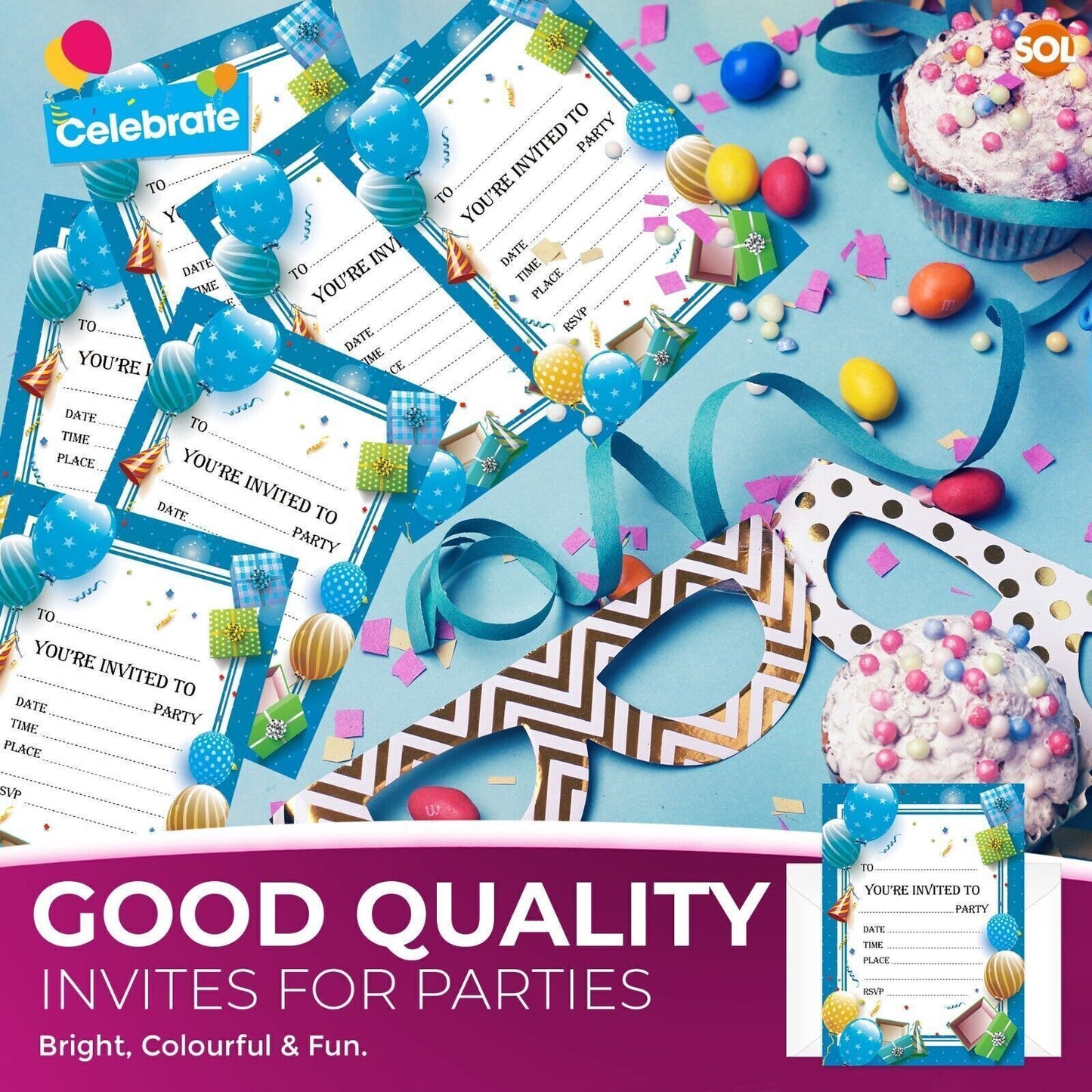 28-56 Birthday Party Invitations Girls Boys Kids Children Invites with Envelopes