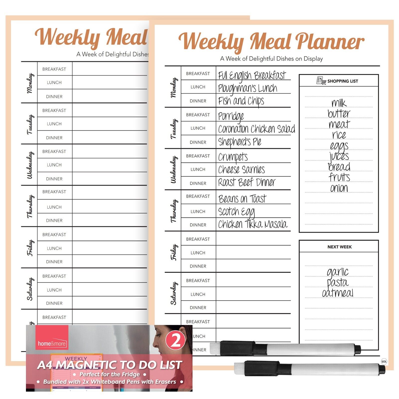 2X Magnetic Weekly Meal Planner and Fridge Food Shopping List With Dry Wipe Pens