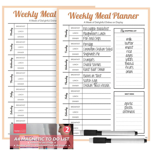 2X Magnetic Weekly Meal Planner and Fridge Food Shopping List With Dry Wipe Pens