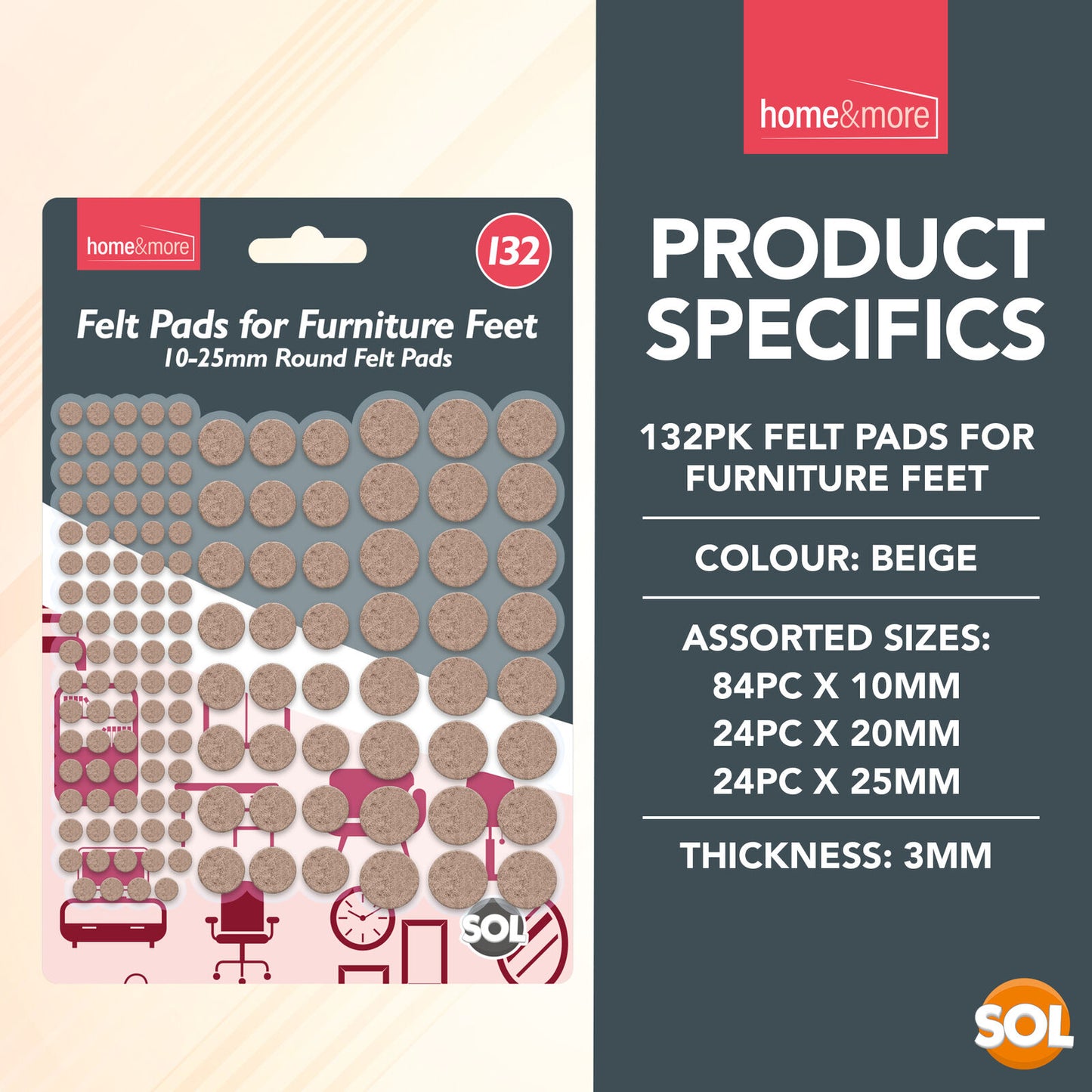 Felt Pads | Beige Self Adhesive Furniture Floor Scratch Protectors | 132 Pack