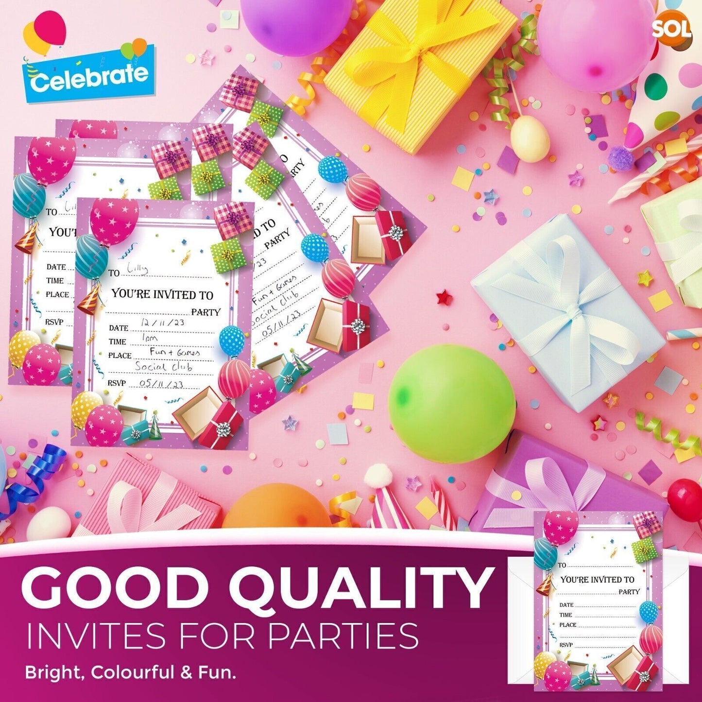 28-56 Birthday Party Invitations Girls Boys Kids Children Invites with Envelopes