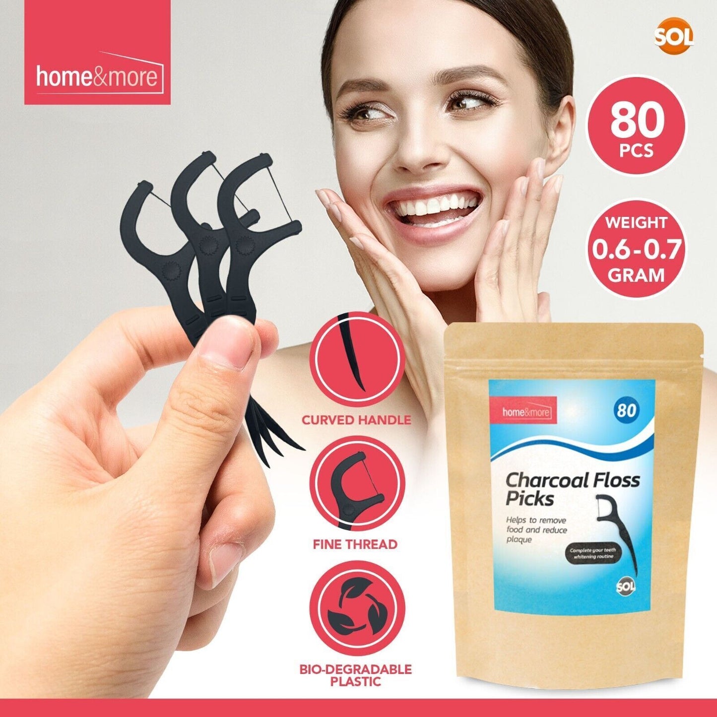 Charcoal Dental Floss Sticks | Oral Care Tooth Picks | 80 Pack