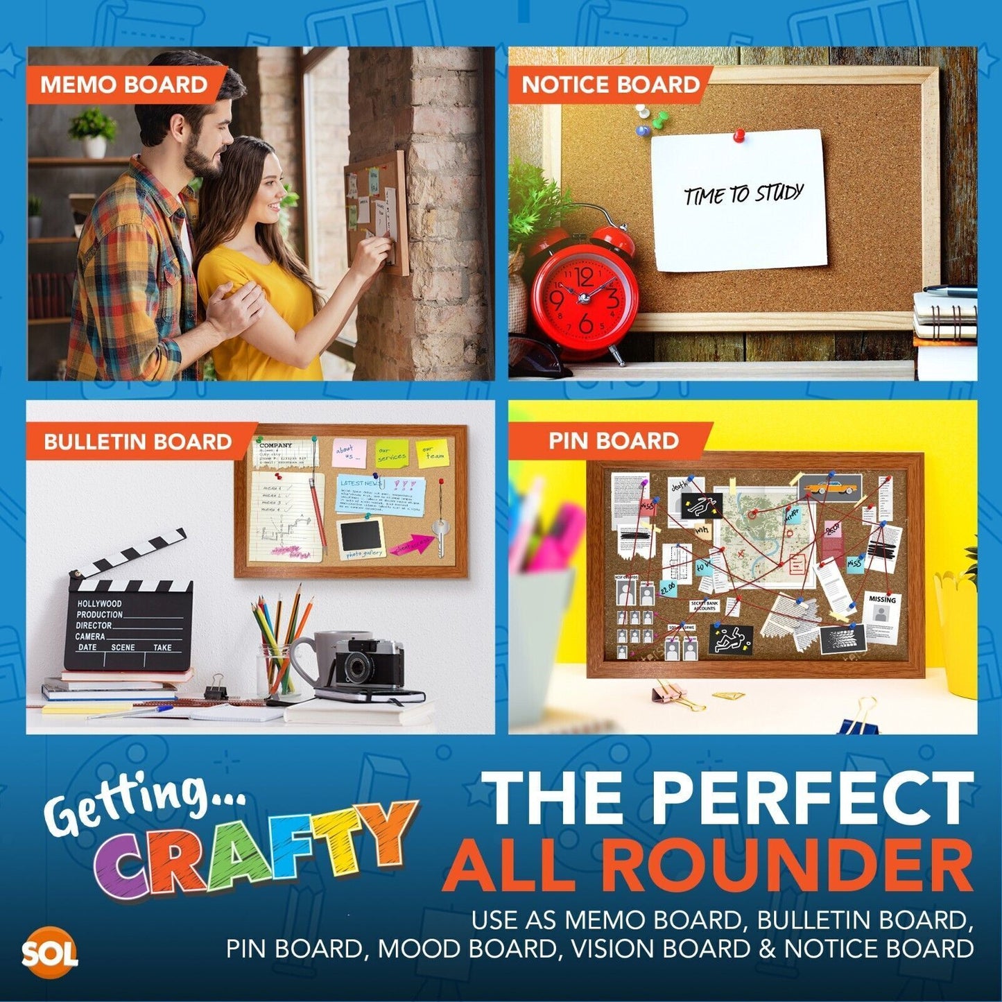 Cork Board A4 Notice Memo Board with Pins – Wooden Frame