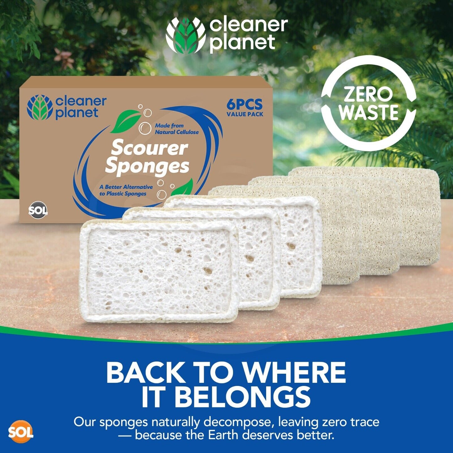 6PK Loofah Sponge Pads Natural Eco Cellulose Scourers Luffa Washing Up Durable