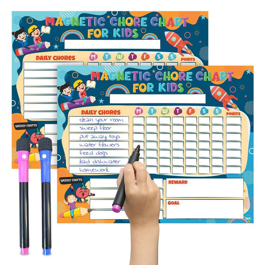 Reward Chart Magnetic Reusable Behaviour Chore for Kids | Includes Wipe Pens | 2 Pack