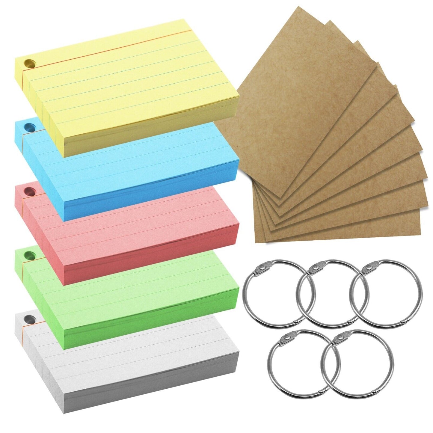 Revision Cards with Rings | Blank Coloured Lined Flash Cards | 500 Pack