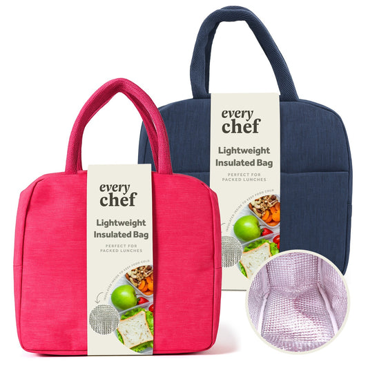 Two insulated bags, one pink and one blue, with 'every chef' branding on a white background.