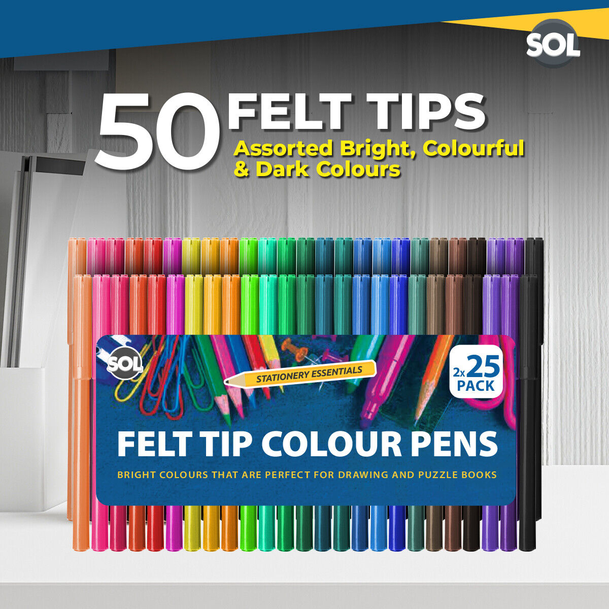 Felt Tip Pens Set | Fine Fibre Drawing Markers School | 50 Pack