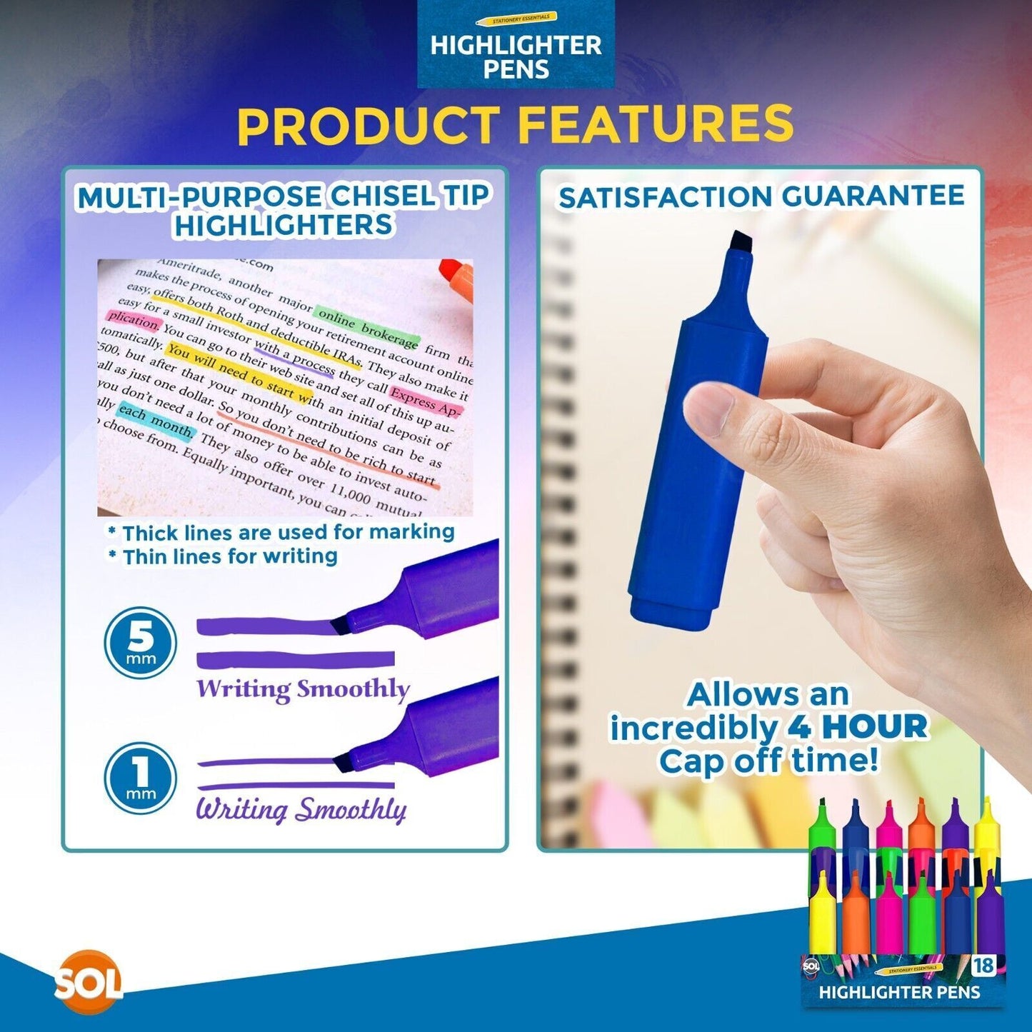 Highlighter Pens Fluorescent Colour Marker School Set | 6 Pack