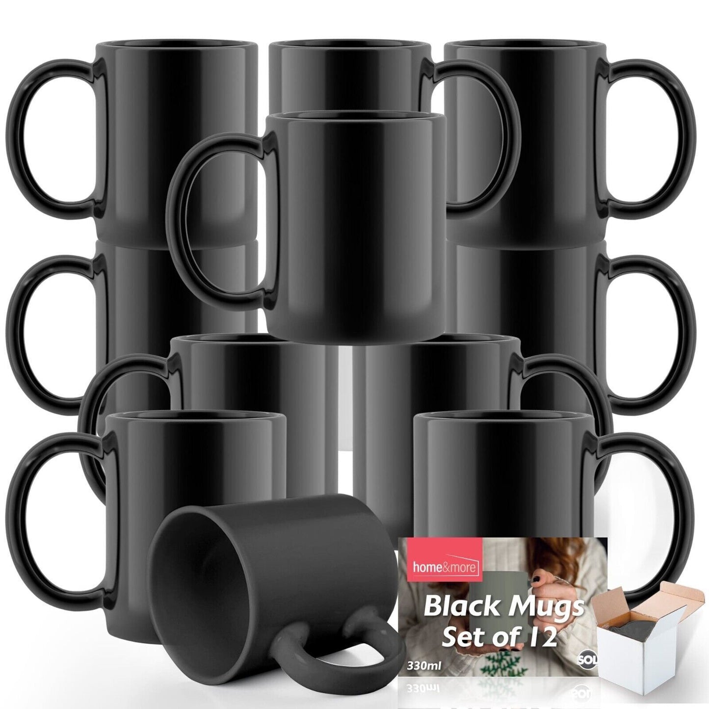 Plain Black Mugs 330ml | Large Coffee & Tea Cups | Bulk Set 12 Pack