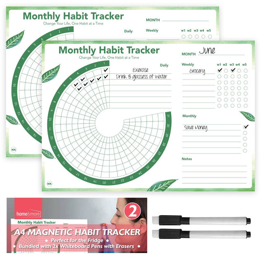 2X Magnetic Habit Tracker A4 Daily Weekly Monthly Planner To Do List + Wipe Pens