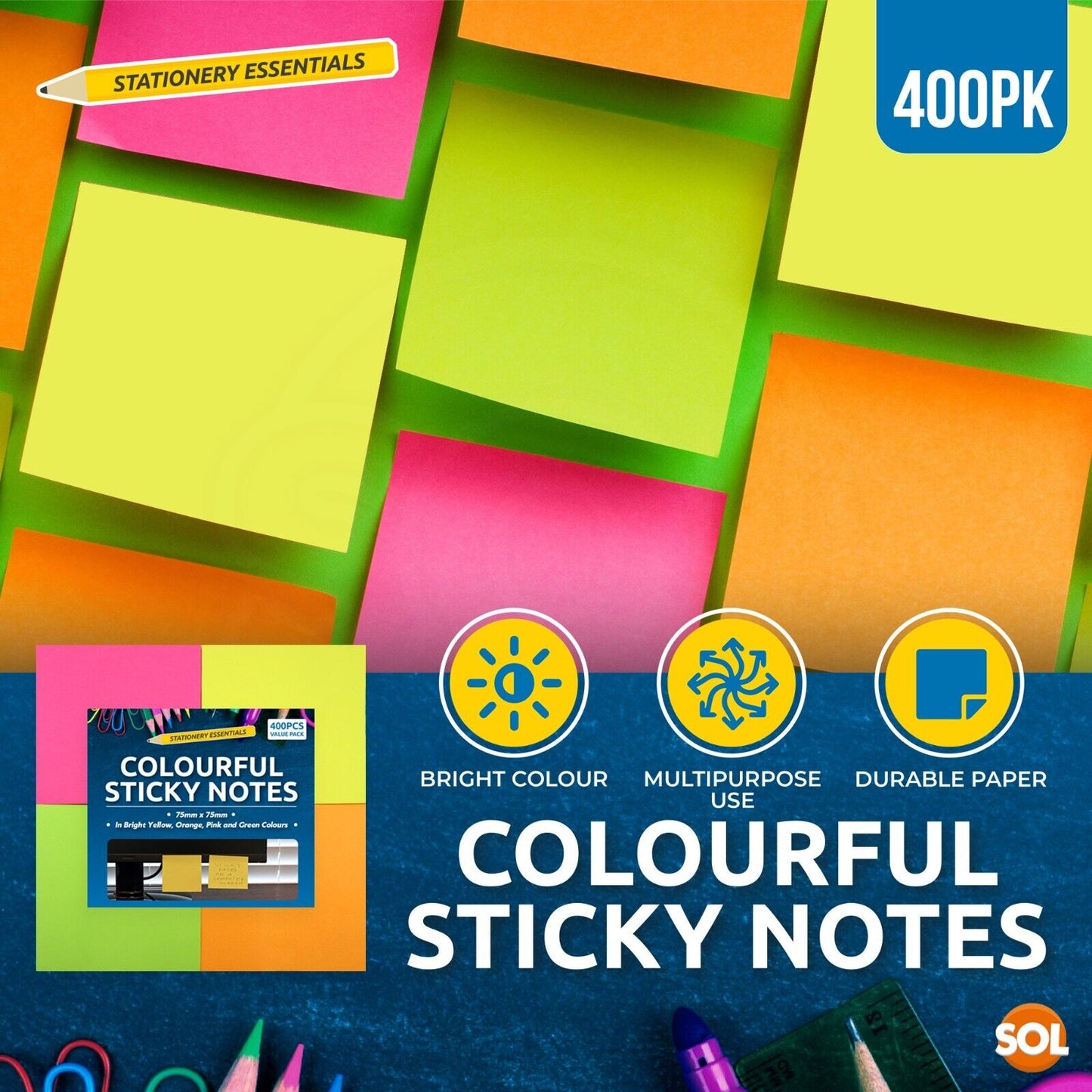 Neon Sticky Notes 76x76mm | Super Sticky Pads | 400 Pack