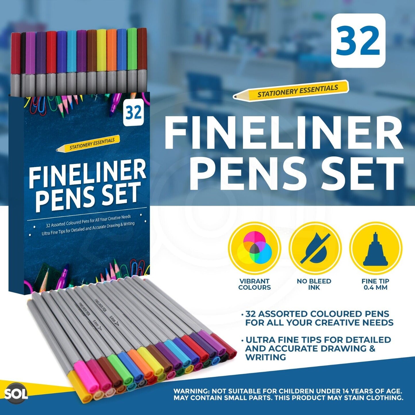 32 Coloured Fine Liner Pens Set | 0.4mm Art Colouring Pack