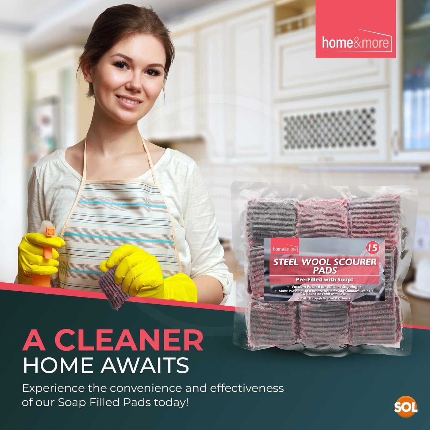 Soap Filled Pads Sponge Scourer Steel Wool | Kitchen Cleaning | 15 Pack