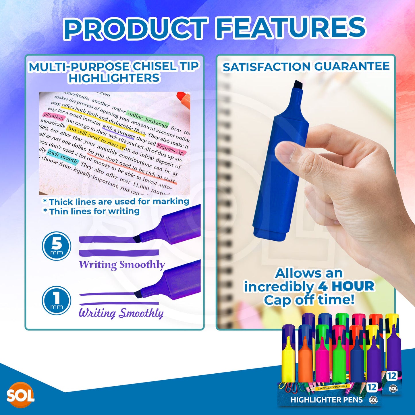 Highlighter Pens Fluorescent Colour Marker School Set | 6 Pack