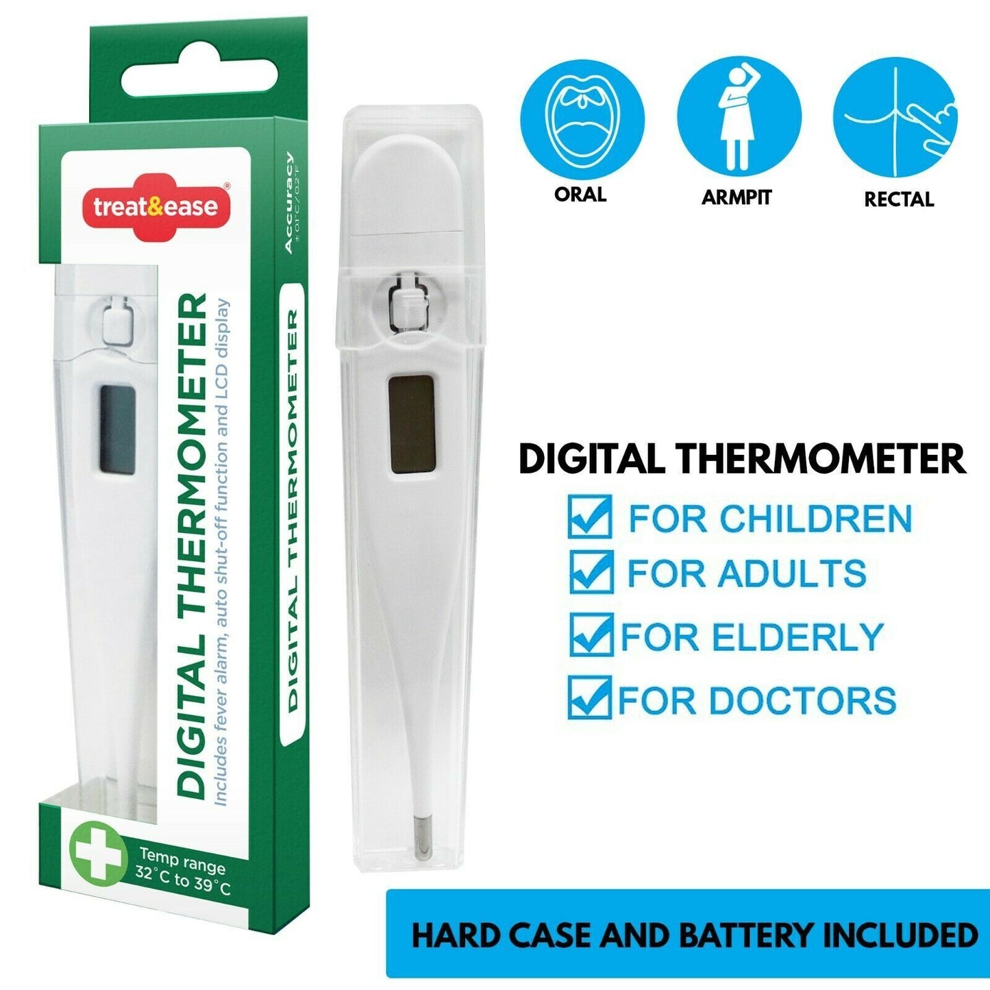2pk Digital Thermometer Medical LCD Audible Alarm Baby Adult Oral Ear Body Fever