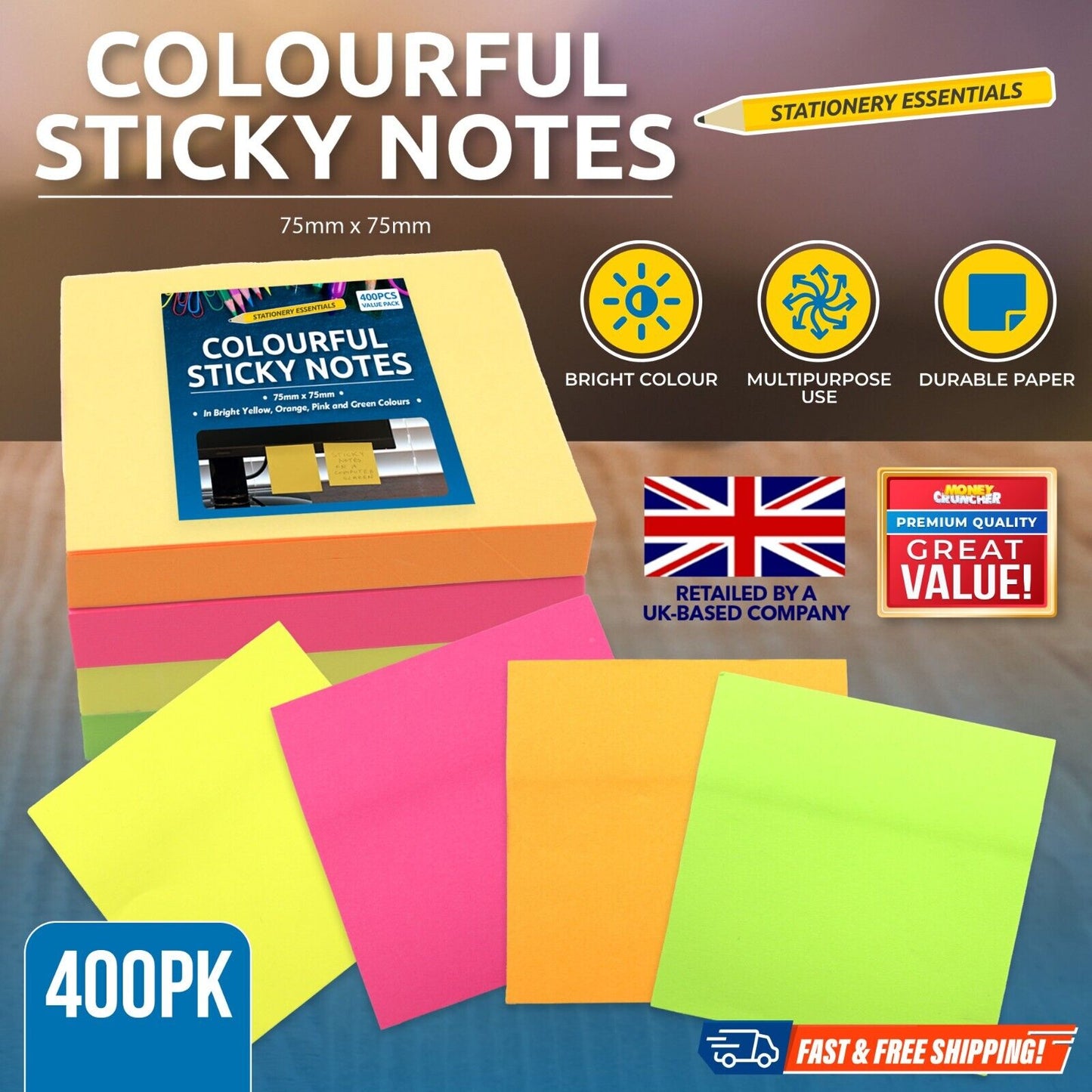 Neon Sticky Notes 76x76mm | Super Sticky Pads | 400 Pack