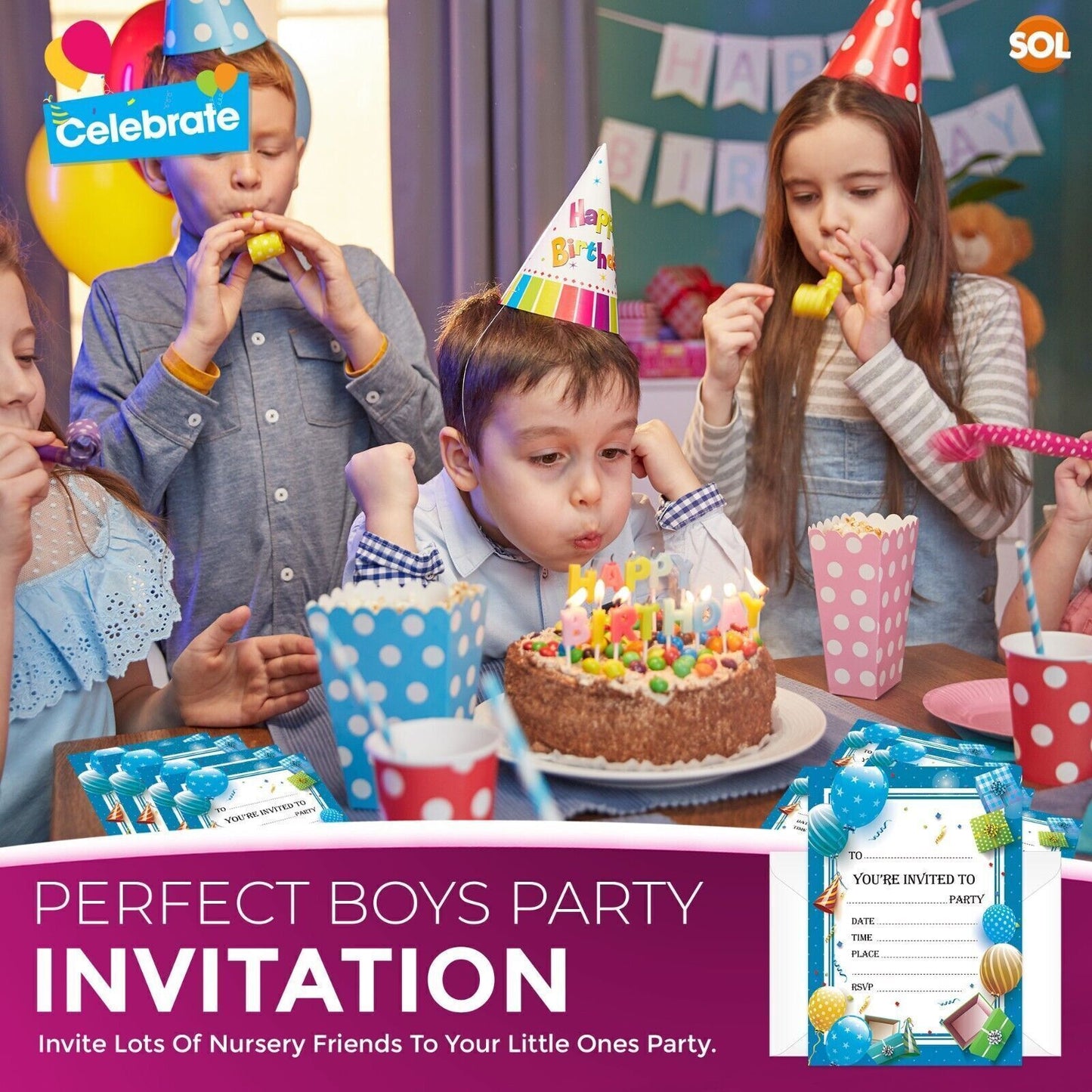 28-56 Birthday Party Invitations Girls Boys Kids Children Invites with Envelopes