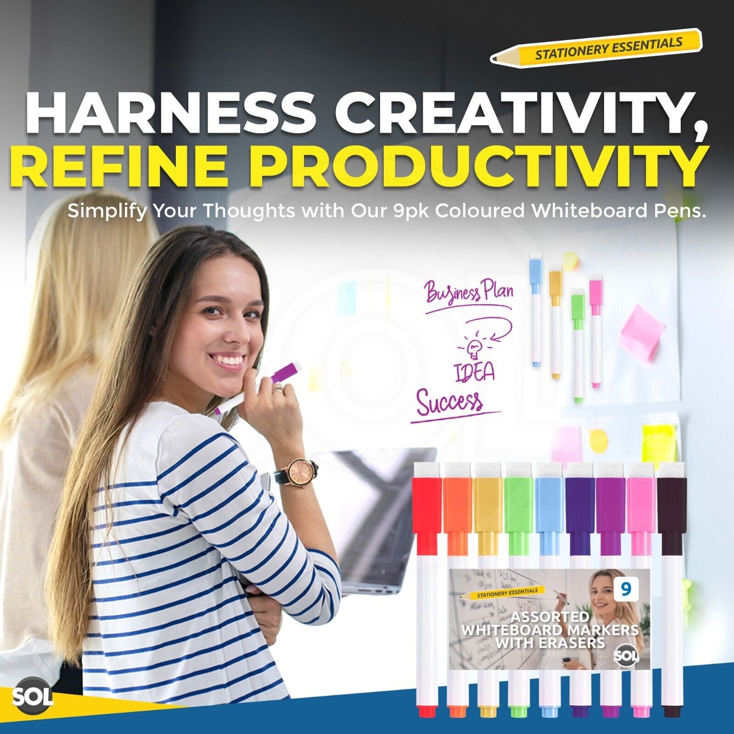 Whiteboard Pens & Eraser Magnetic Dry Wipe | White Board Markers | 9 Pack