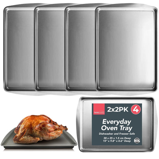 Oven Tray Set 38 x 25cm | Roasting Pan Baking Steel Sheet | 4 Pack