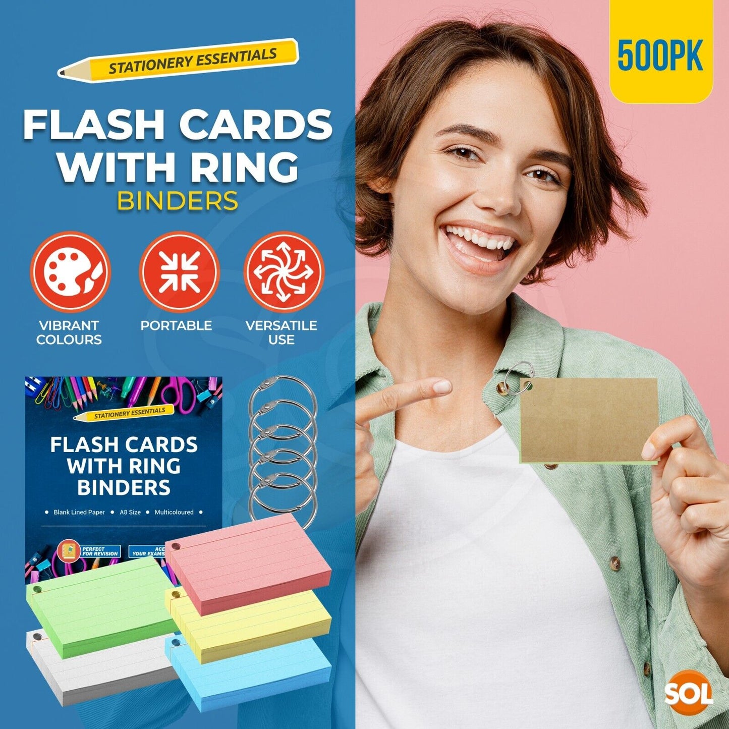 Revision Cards with Rings | Blank Coloured Lined Flash Cards | 500 Pack