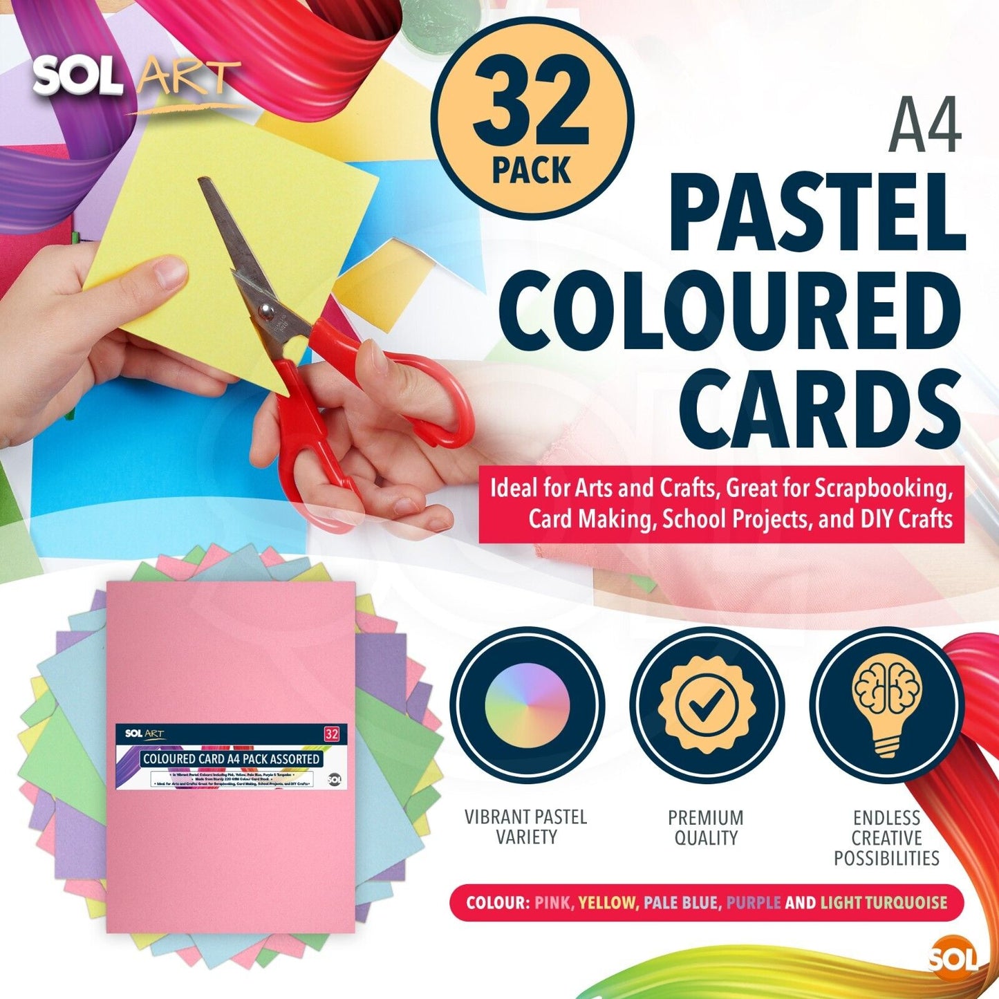 A4 220GSM Coloured Card Mixed Colours | 32 Sheets