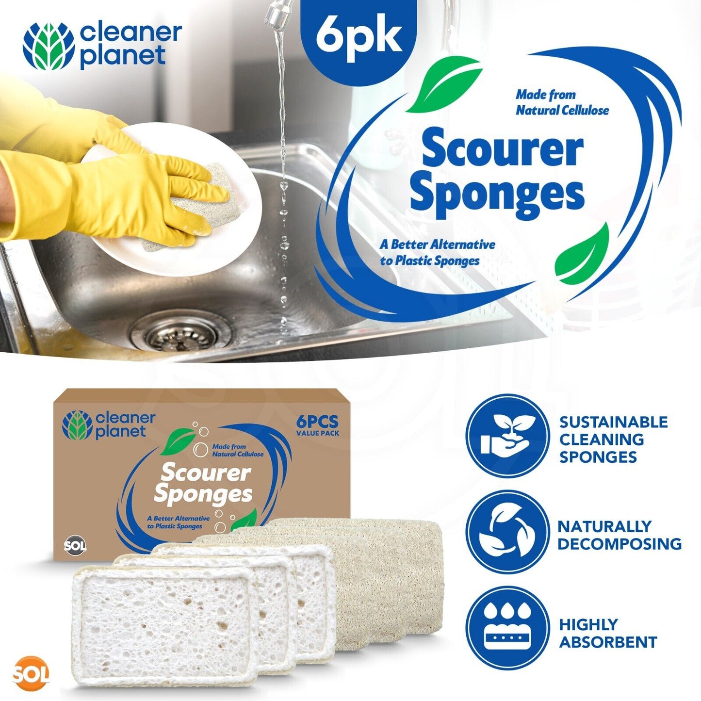 6PK Loofah Sponge Pads Natural Eco Cellulose Scourers Luffa Washing Up Durable