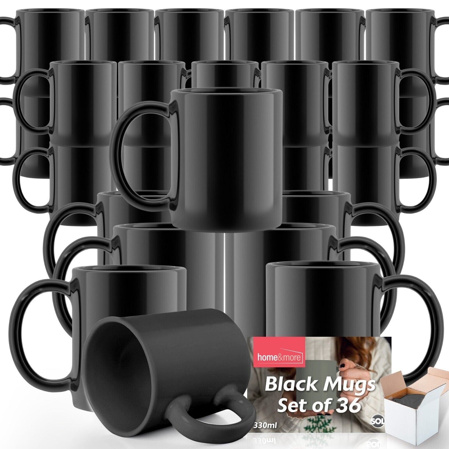 Plain Black Mugs 330ml | Large Coffee & Tea Cups | Bulk Set 12 Pack